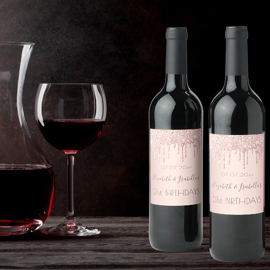 Birthday roos gold glitter twee 2 personen wijn etiket