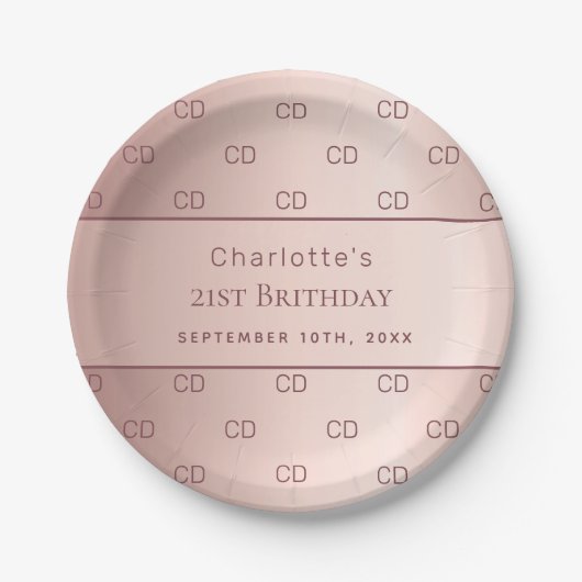 Birthday roos gold monogram initiaal name papieren bordje (Voorkant)