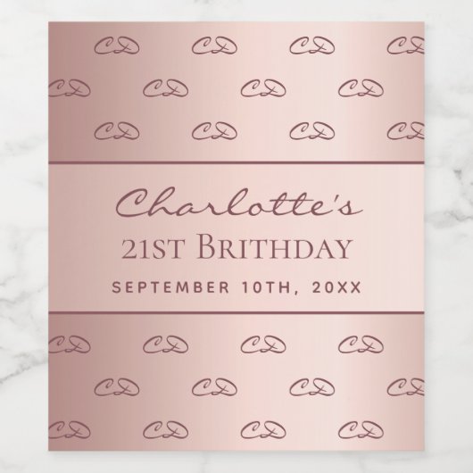 Birthday roos gold monogram initiaal script wijn etiket (Enkel label)