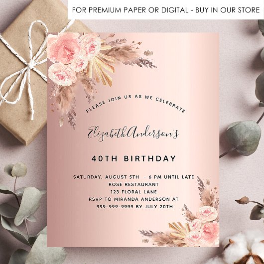 Birthday roos gold pampas floral budget uitnodigin flyer