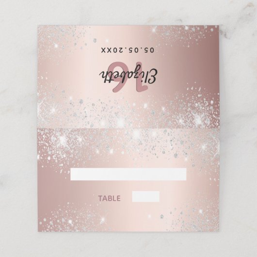 Birthday roos gold zilver glitter roze plaatskaartje (Buitenkant ongevouwen)