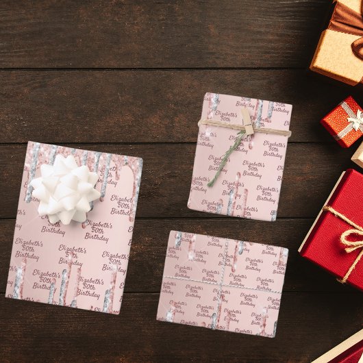 Birthday roos Gold zilveren glitter drift naam Inpakpapier Vel