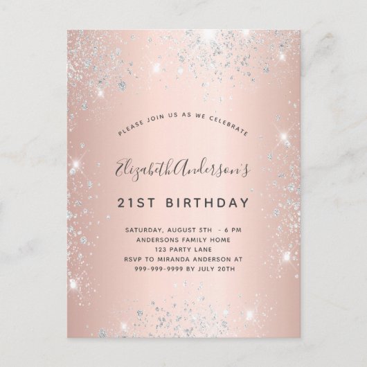 Birthday roos Gold zilverglitter elegant Uitnodiging Briefkaart (Voorkant)