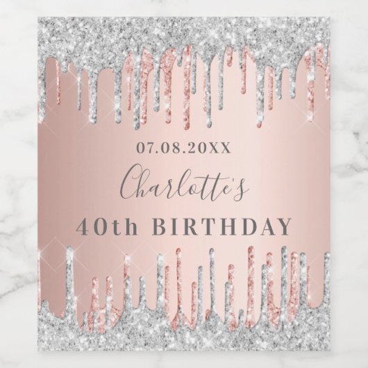 Birthday roos gold zilverglitter monogram wijn etiket (Enkel label)