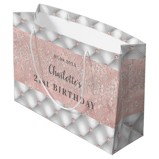 Birthday roos gold zilverglitter naam glamoureus groot cadeauzakje (Achterkant Gekanteld)