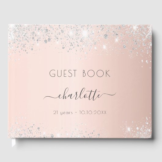 Birthday roos Gold zilverglitter stofmonogram Gastenboek (Voorkant)