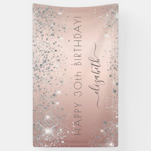 Birthday roos Gold zilverglitter stofmonogram Spandoek (Verticaal)
