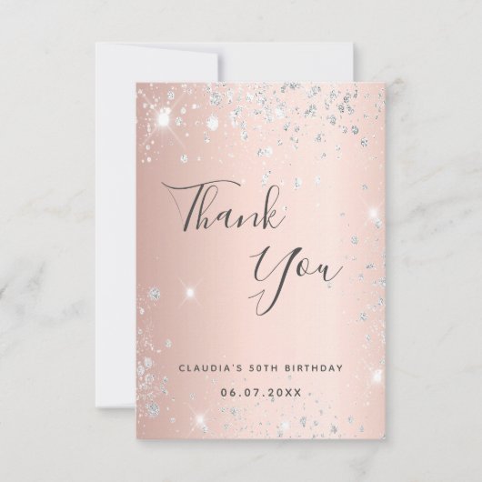 Birthday roos Gold zilverglitter stofscript Bedankkaart (Voorkant)
