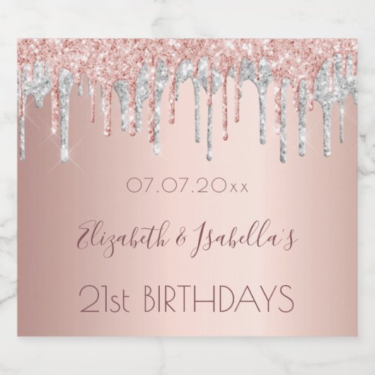 Birthday roos gold zilverglitter twee 2 personen sparkling wijnetiket (Enkel label)