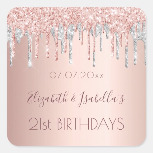 Birthday roos gold zilverglitter twee 2 personen vierkante sticker (Voorkant)
