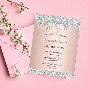 Birthday roos Gold zilverglitter uitnodiging