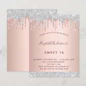 Birthday roos gold zilverglitter uitnodiging (Voorkant / Achterkant)