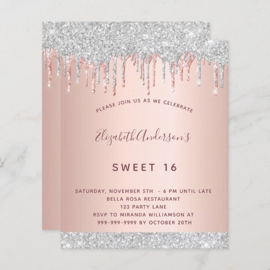 Birthday roos gold zilverglitter uitnodiging (Voorkant / Achterkant)