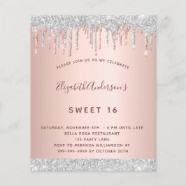 Birthday roos gold zilverglitter uitnodiging