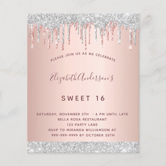 Birthday roos gold zilverglitter uitnodiging (Voorkant)