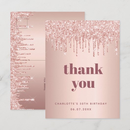 Birthday roos goud glitter bedankt briefkaart (Voorkant / Achterkant)