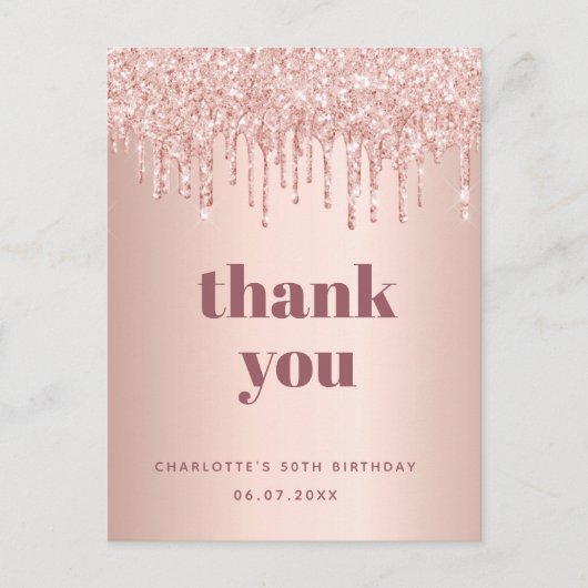 Birthday roos goud glitter bedankt briefkaart (Voorkant)