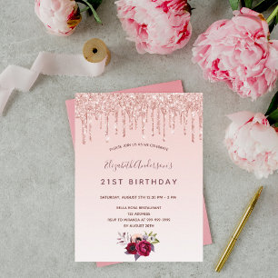 Birthday roos goud glitter blush roze uitnodiging