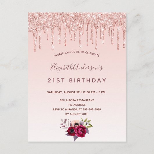 Birthday roos goud glitter blush roze uitnodiging (Voorkant)