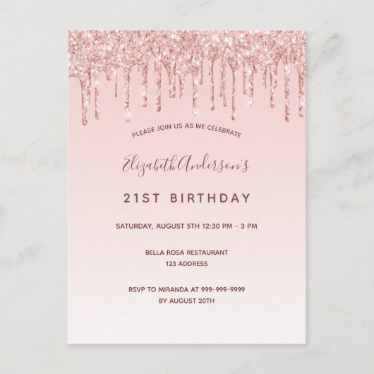 Birthday roos goud glitter blush roze uitnodiging (Voorkant)