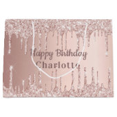 Birthday roos goud glitter druppelt roze monogram  groot cadeauzakje (Voorkant)