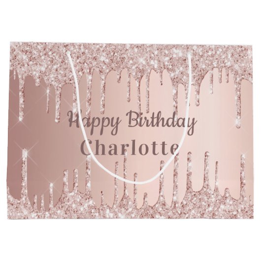 Birthday roos goud glitter druppelt roze monogram groot cadeauzakje (Achterkant)