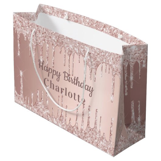 Birthday roos goud glitter druppelt roze monogram  groot cadeauzakje (Achterkant Gekanteld)