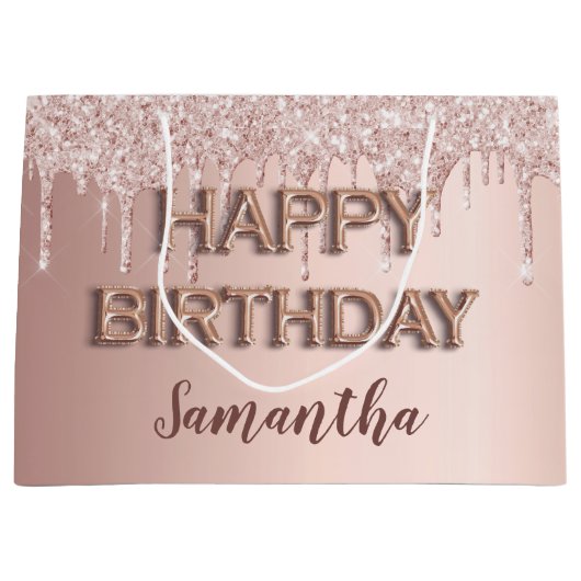 Birthday roos goud glitter druppelt roze monogram  groot cadeauzakje