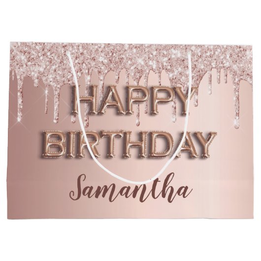 Birthday roos goud glitter druppelt roze monogram  groot cadeauzakje (Achterkant)
