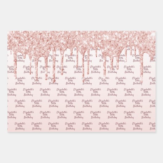 Birthday roos goud glitter druppelt roze monogram inpakpapier vel (Voorkant 2)
