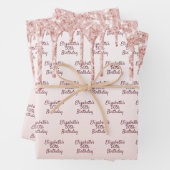 Birthday roos goud glitter druppelt roze monogram inpakpapier vel (In situ)