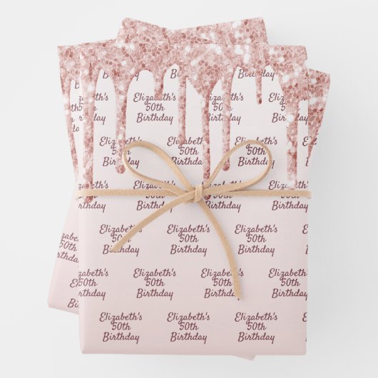 Birthday roos goud glitter druppelt roze monogram  inpakpapier vel (In situ)