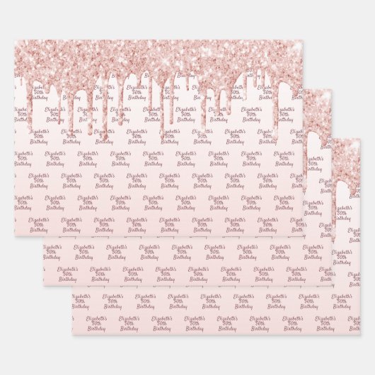 Birthday roos goud glitter druppelt roze monogram  inpakpapier vel (Set)