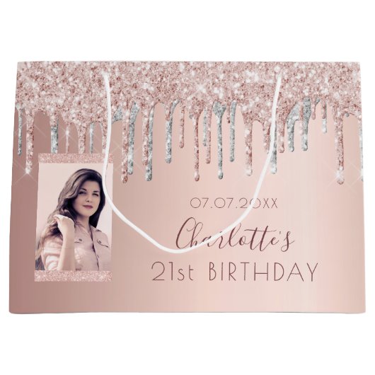 Birthday roos goud glitter foto roze zilver naam groot cadeauzakje (Voorkant)