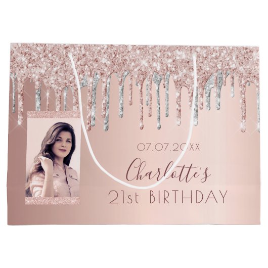 Birthday roos goud glitter foto roze zilver naam groot cadeauzakje (Achterkant)