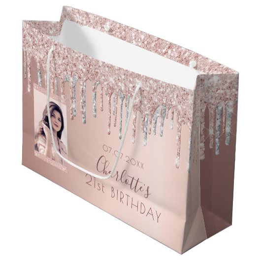 Birthday roos goud glitter foto roze zilver naam groot cadeauzakje (Voorkant Gekanteld)