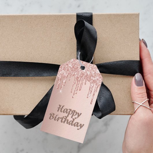 Birthday roos goud glitter roze ballon cadeaulabel