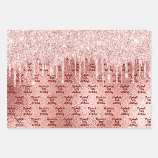 Birthday roos goud glitter roze druppels monogram inpakpapier vel (Voorkant)