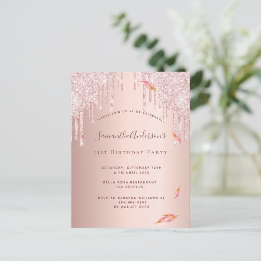 Birthday roos goud glitter roze uitnodiging (Staand voorkant)