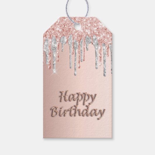 Birthday roos goud glitter roze zilveren ballon cadeaulabel (Voorkant)