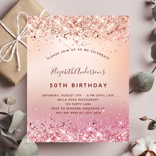 Birthday roos goud roze glitter budget uitnodiging flyer