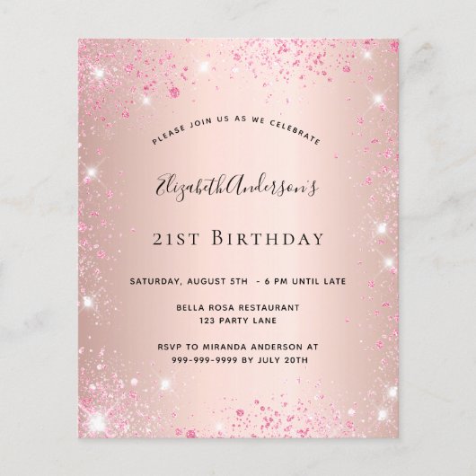 Birthday roos goud roze glitter budget uitnodiging flyer (Voorkant)