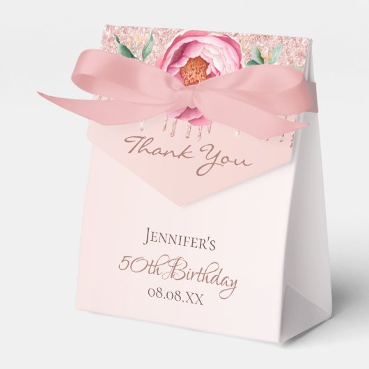 Birthday roos goud roze glitter floral Dankjewel Bedankdoosjes (Voorkant Zijde)