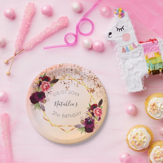 Birthday roos goud zwart roze geometrisch monogram papieren bordje (Feest)