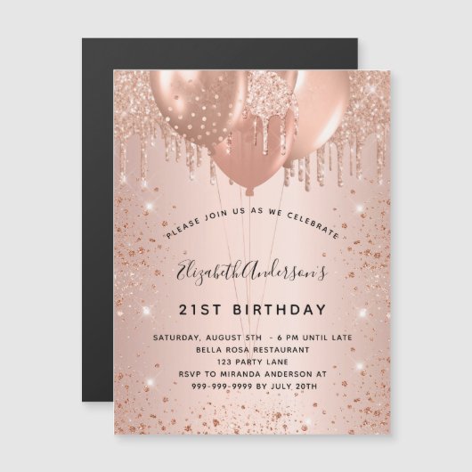 Birthday roos goudballons magnetons uitnodiging magnetische uitnodiging (Voorkant / Achterkant)