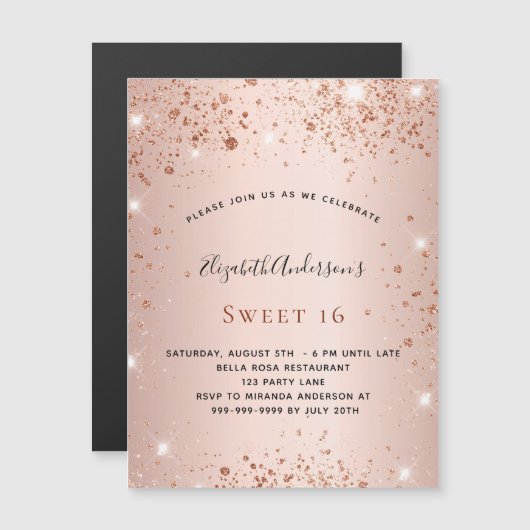 Birthday roos goudbruin glitter uitnodiging magnee (Voorkant / Achterkant)