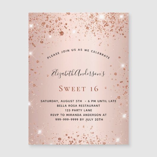 Birthday roos goudbruin glitter uitnodiging magnee (Voorkant)