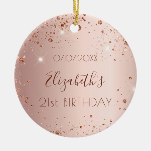 Birthday roos goudbruine glitter naam keramisch ornament (Voorkant)