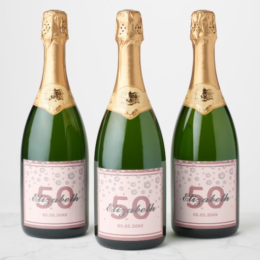 Birthday roos goudbruine roze monogram sparkling wijnetiket (Flessen)
