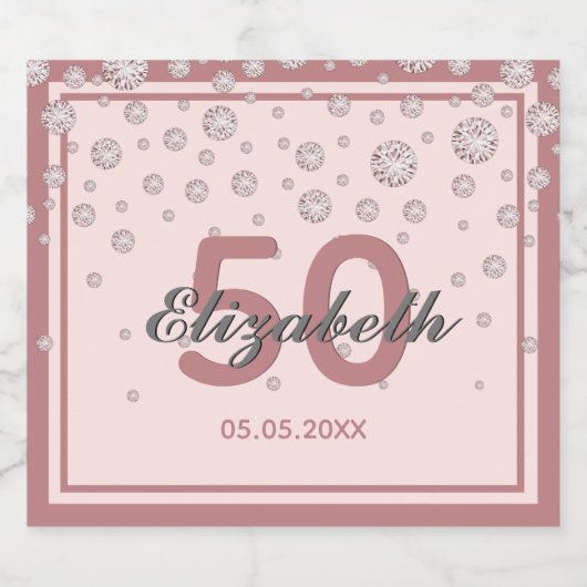 Birthday roos goudbruine roze monogram sparkling wijnetiket (Enkel label)